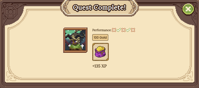 Quest completion, rewards and performance screen